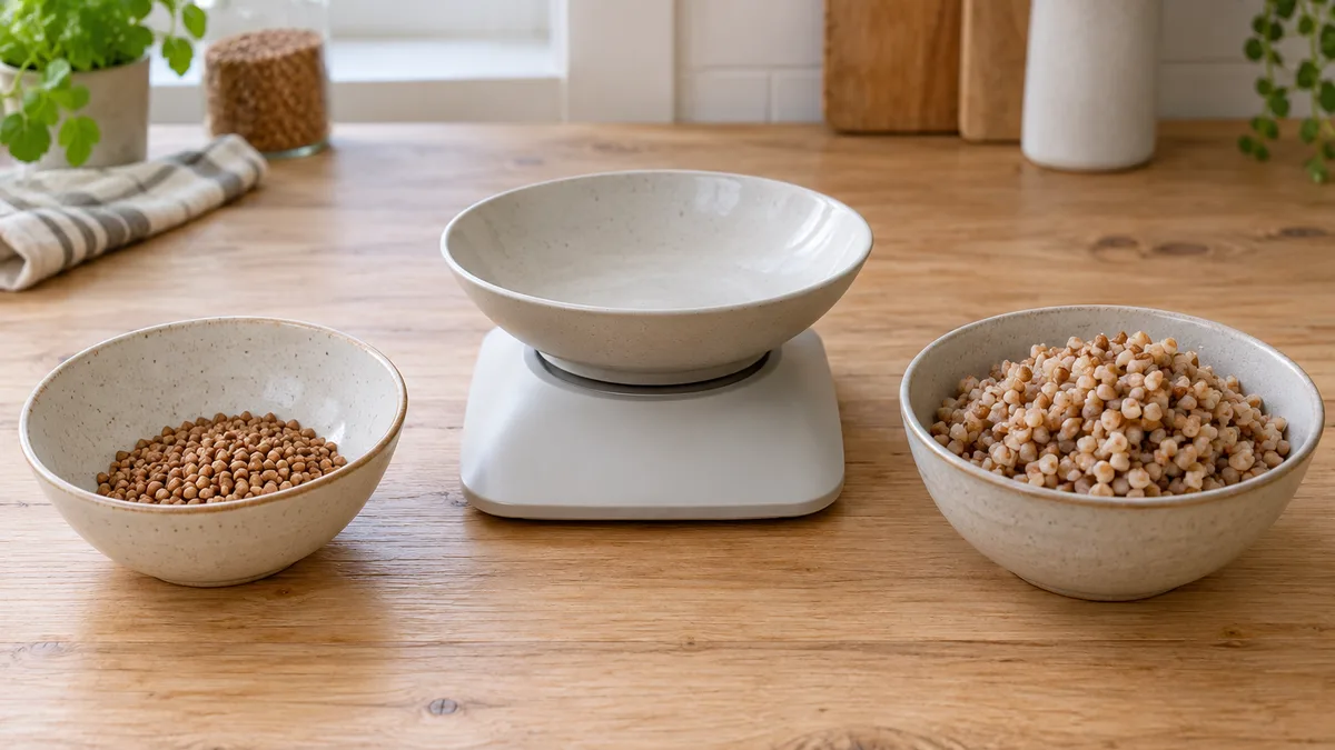 Two ceramic bowls on a wooden table: dry buckwheat in one, cooked buckwheat in the other, with a kitchen scale without a display between them
