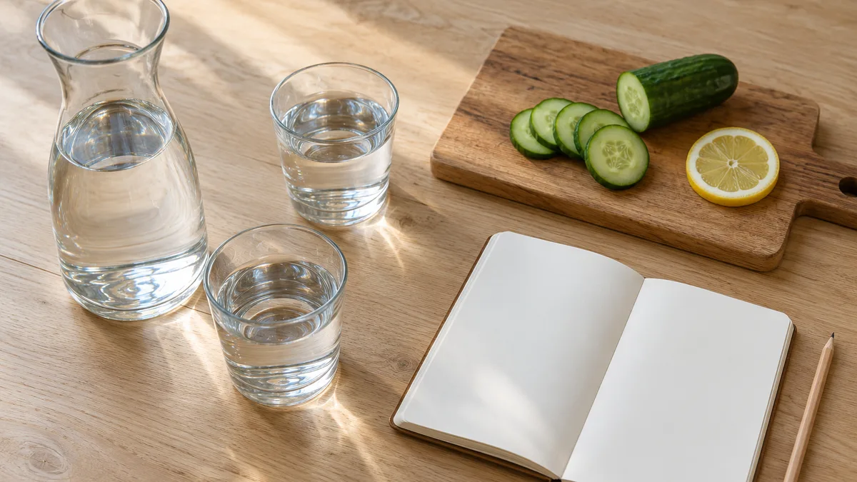 A glass carafe and two glasses of water on a light table beside sliced cucumber, a lemon slice and a notepad