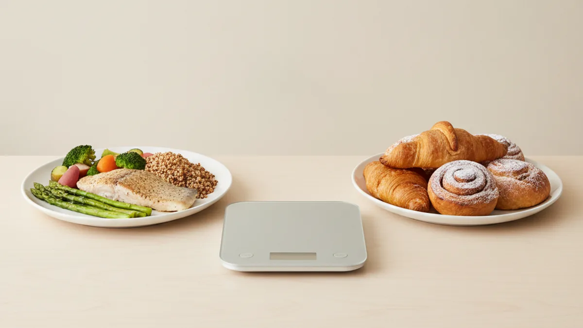 Two white plates on a table: on the left, fish with asparagus, vegetables, and buckwheat; on the right, croissants and powdered sugar buns; kitchen scales between them
