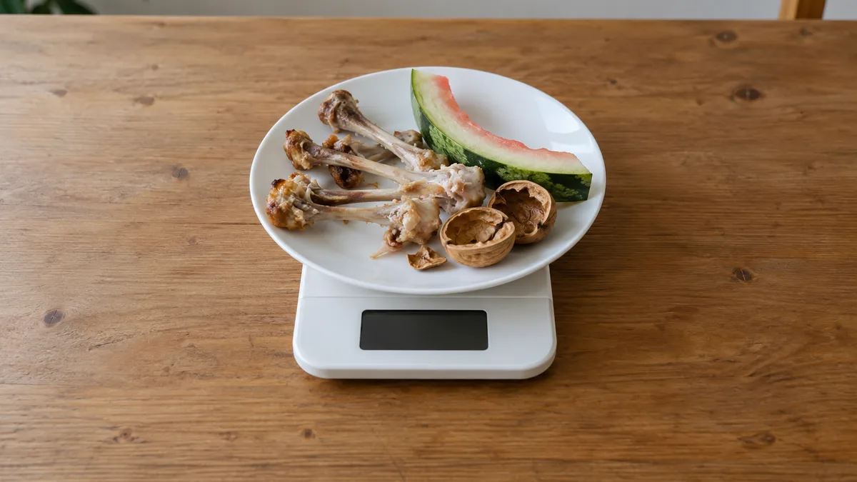 A scale with a plate holding chicken bones, a watermelon rind and walnut shells