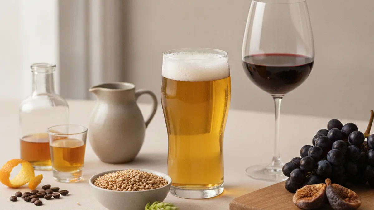 A glass of red wine, a tall glass of light beer with foam, a shot glass and a decanter of spirits, next to a bowl of malt, coffee beans, a bunch of grapes, and dried figs