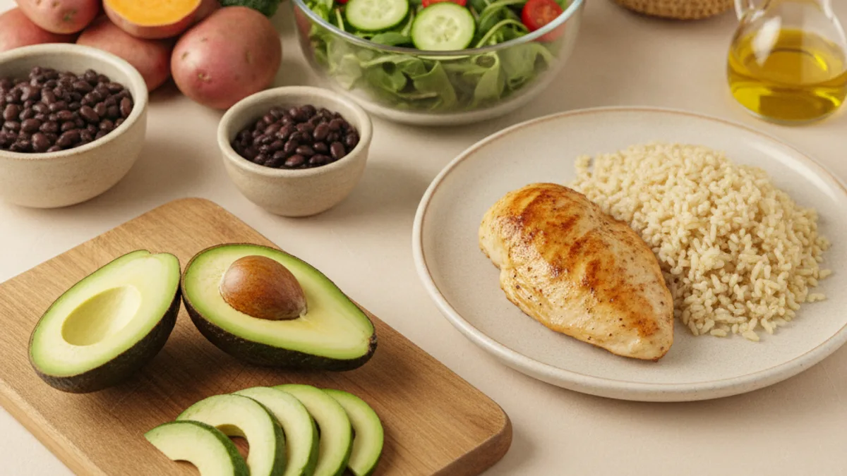 A plate with baked chicken breast and brown rice, a sliced avocado on a wooden board, bowls with black beans, a bowl of salad, and a bottle of oil