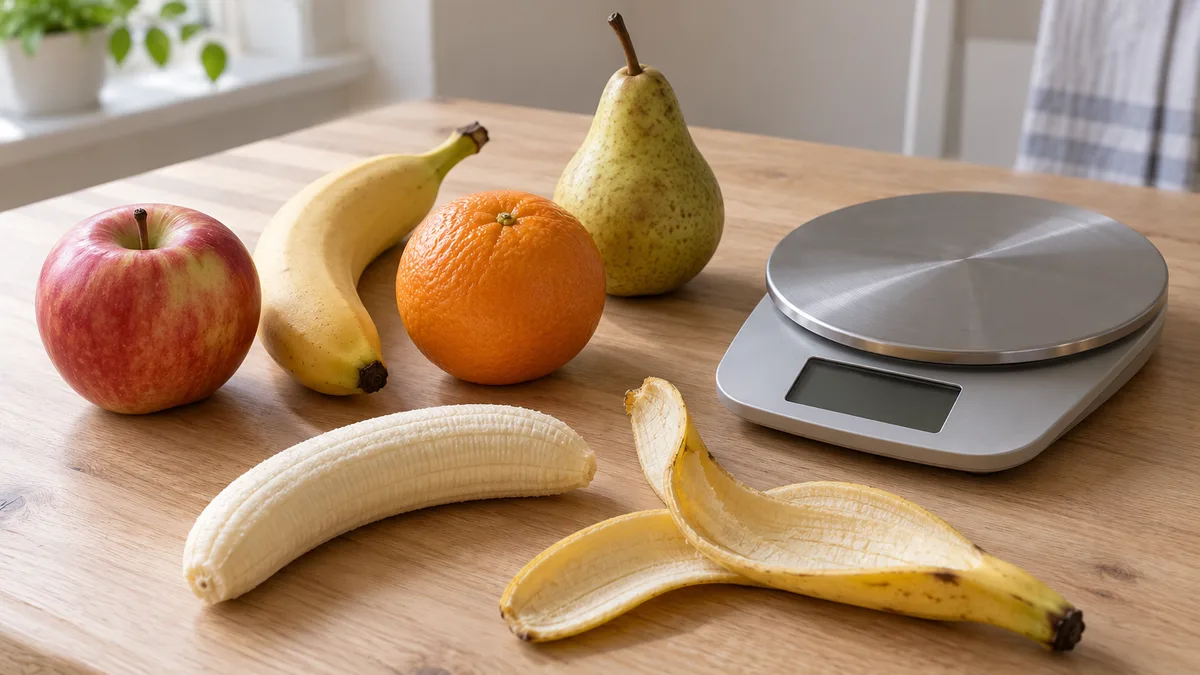 Яблоко, банан, апельсин и груша на столе рядом с кухонными весами
