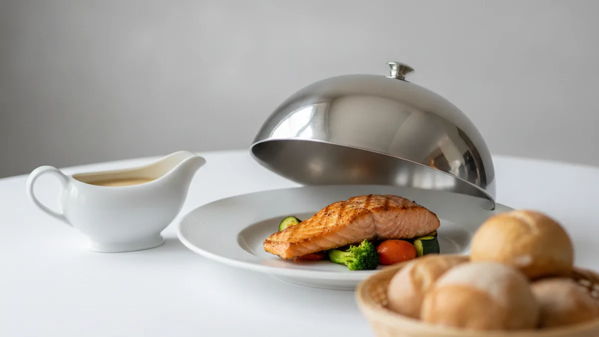 A plate with salmon and vegetables under a lifted metal cloche, next to a white sauce boat and a basket of bread rolls on a white tablecloth