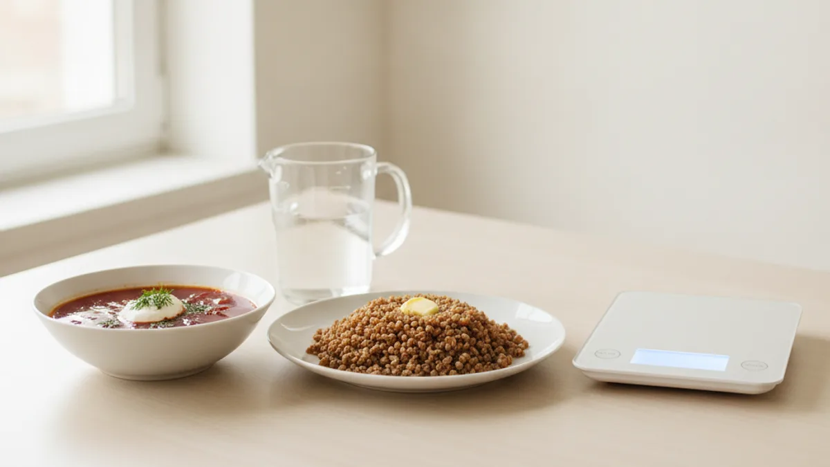 A bowl of borscht, a plate of buckwheat and a measuring jug of water beside a kitchen scale