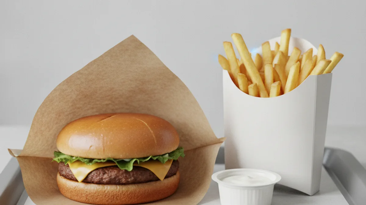 A burger in a plain paper wrapper with fries and a small sauce pot on a neutral background