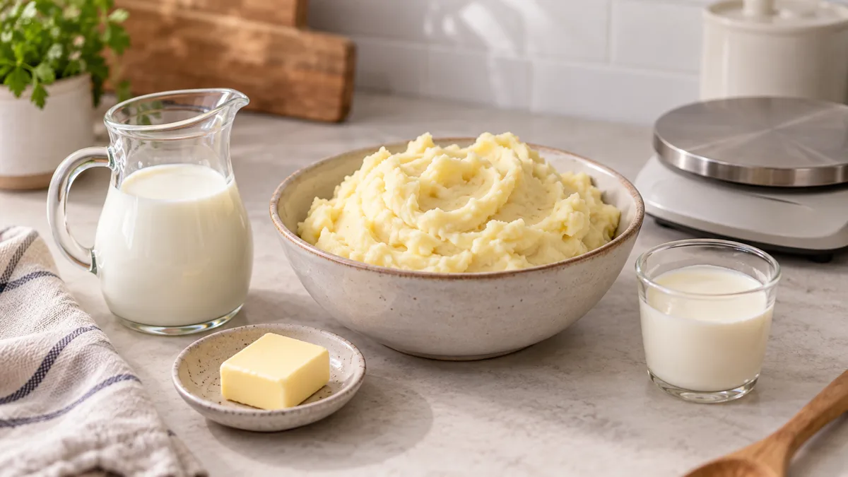 A bowl of mashed potatoes beside milk, butter, cream, and digital kitchen scales