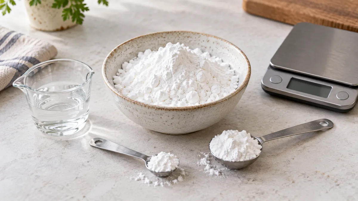 Ложка картофельного крахмала рядом с миской на кухонных весах