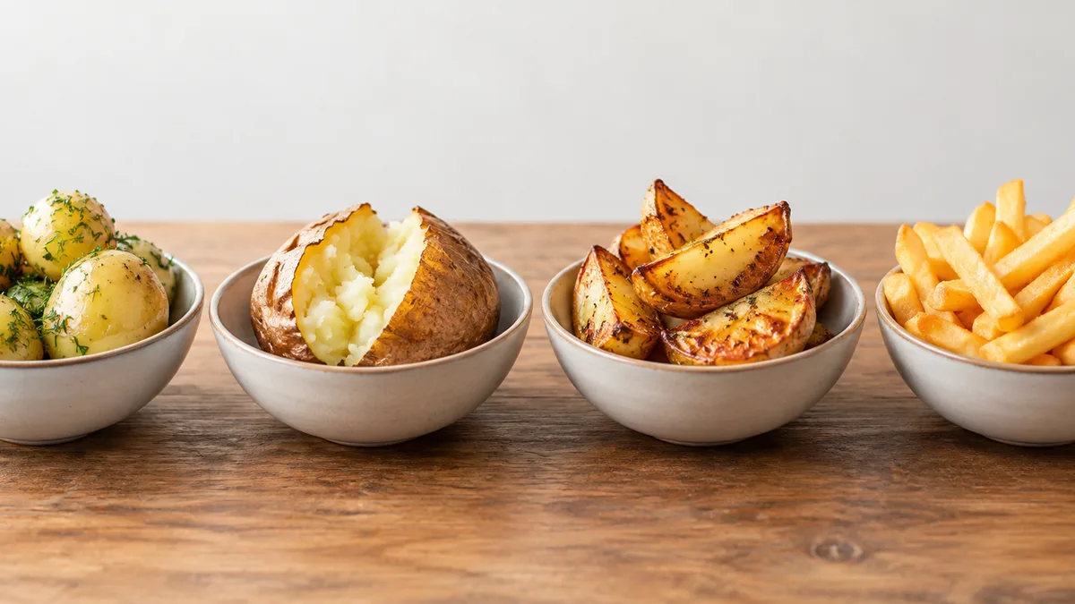 Boiled, baked and fried potatoes and French fries in separate bowls in a row