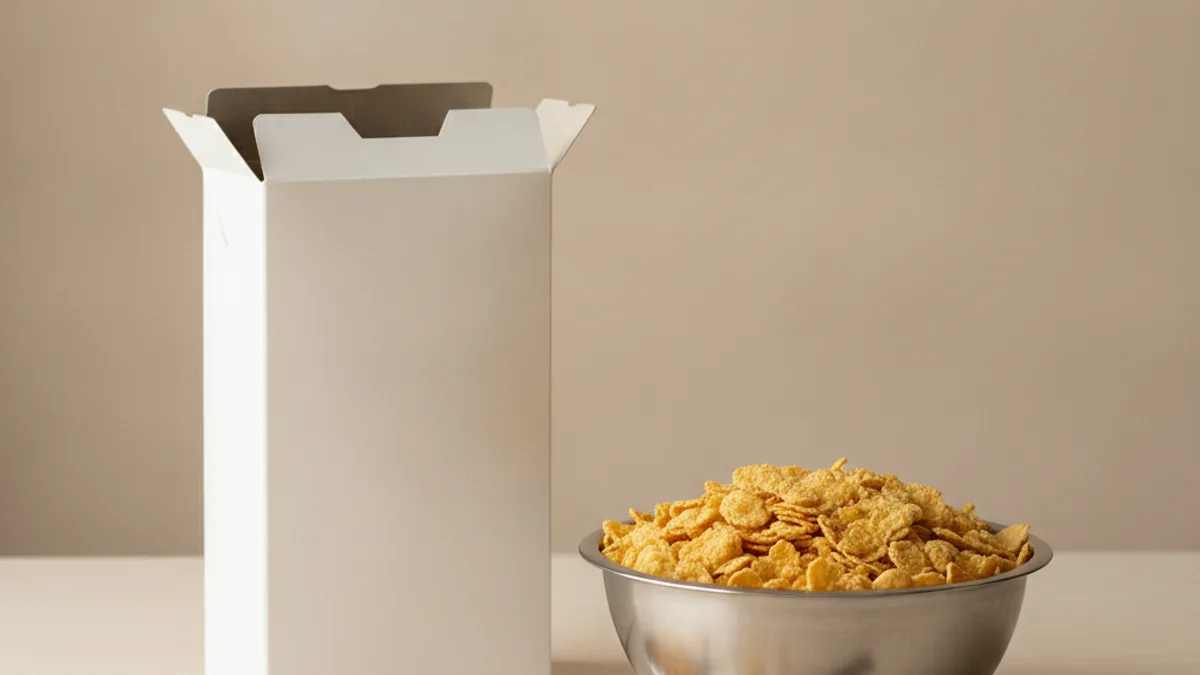 An opened white cardboard box without labels with folded flaps and a metal bowl with corn flakes on a light table