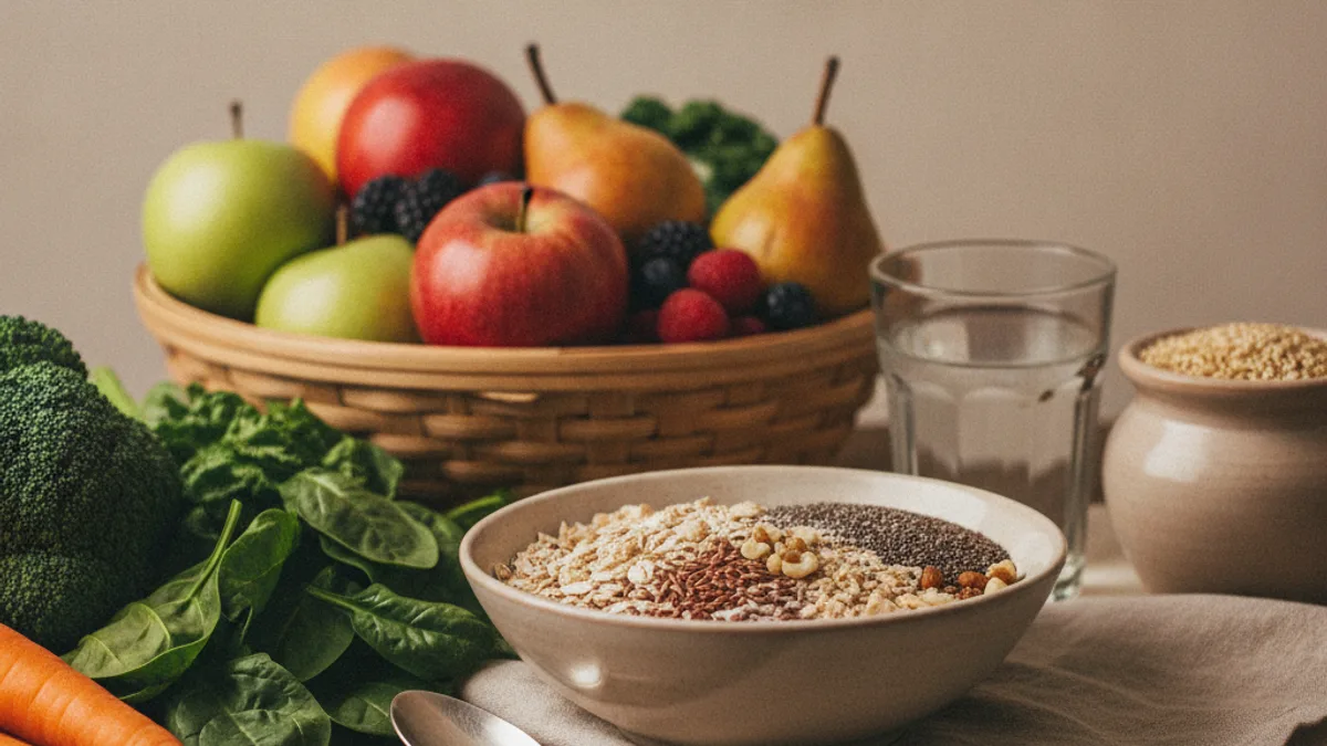 A bowl of boiled beans, rolled oats, a slice of whole-grain bread, and a pear with its skin on a wooden table