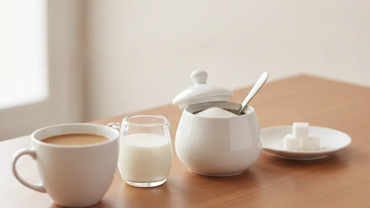 A mug of coffee with milk, a milk jug, a sugar bowl with a teaspoon and two sugar cubes on a table