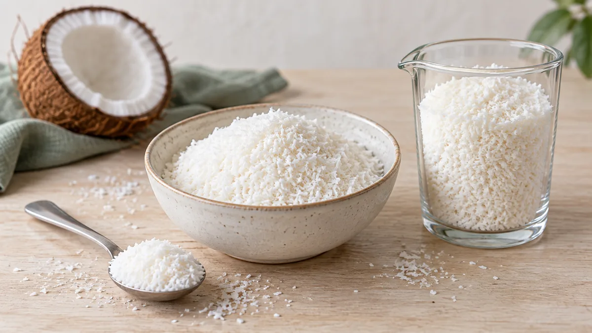 Fine desiccated coconut in a spoon, cup, and bowl on a light table