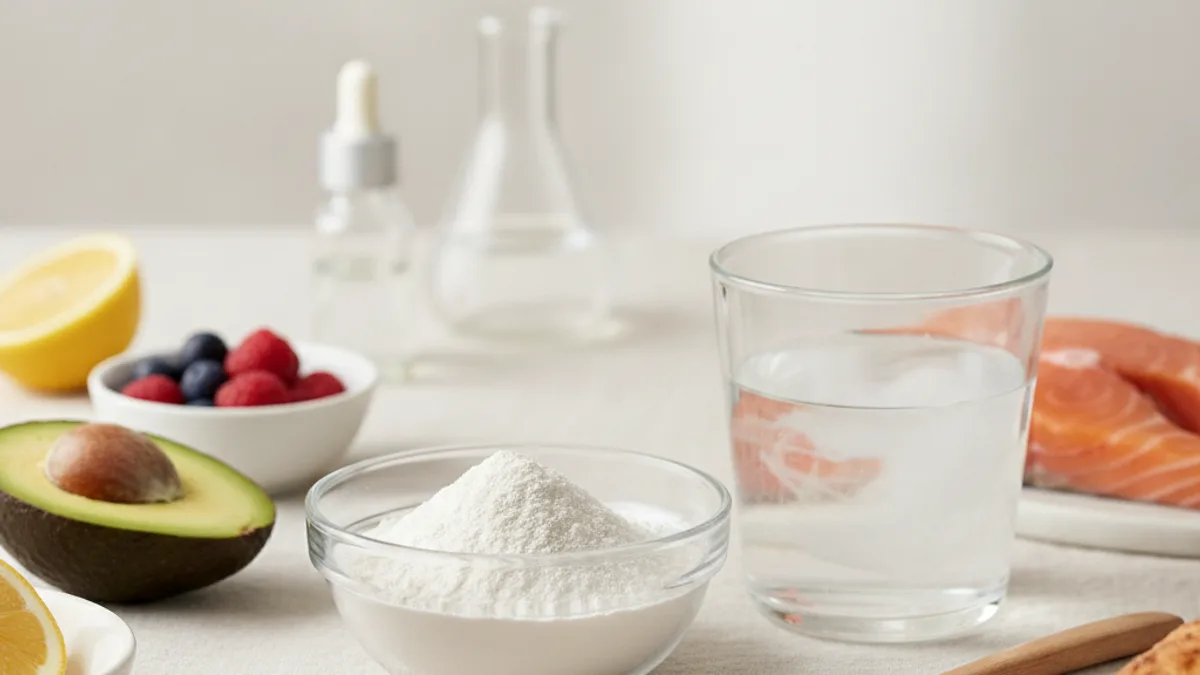 A bowl of collagen powder on a light table, next to a glass of water, salmon, chicken, avocado, berries and a lemon — sources of protein and vitamin C