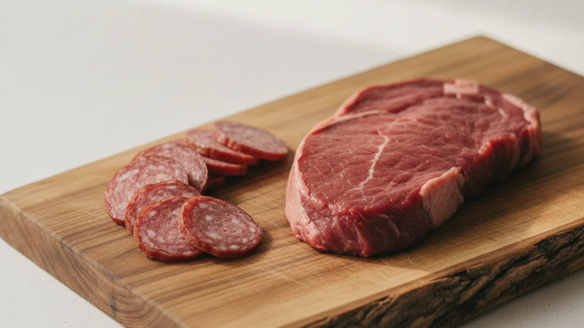 A piece of raw beef on a cutting board next to slices of smoked sausage