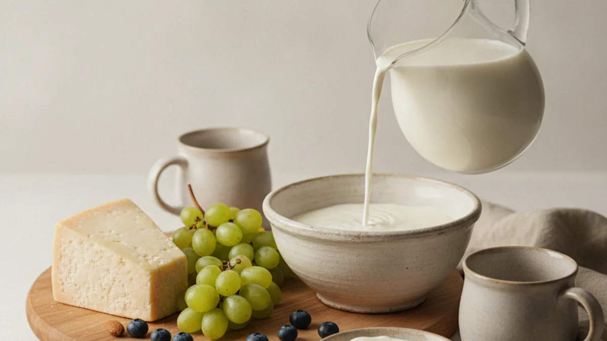 A glass of milk, a piece of hard cheese, and a container of yogurt on a light-colored table, with a package of butter nearby