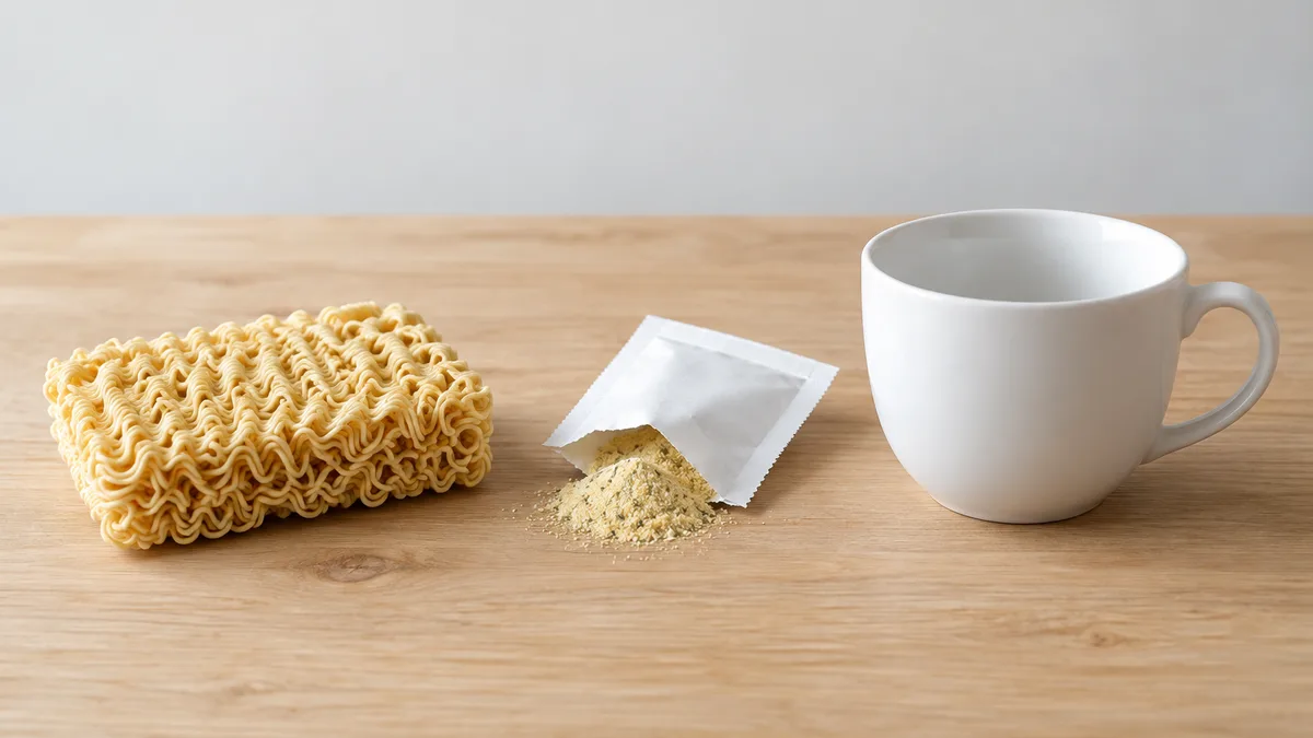 A dry block of instant noodles, alongside an opened seasoning packet with poured-out powder and an empty white mug