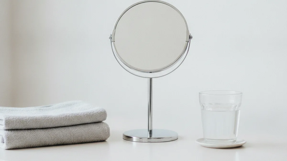 A round table mirror, a folded towel and a glass of water on a light table