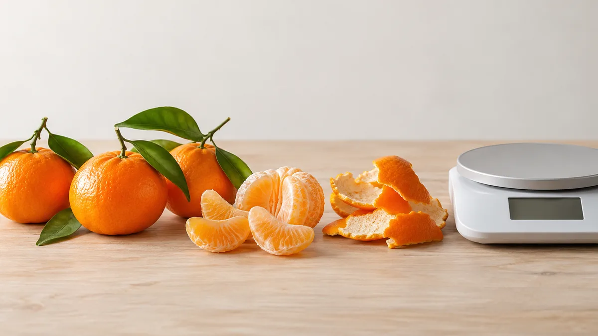 Whole tangerines, one peeled tangerine and a pile of peel next to kitchen scales on a wooden table