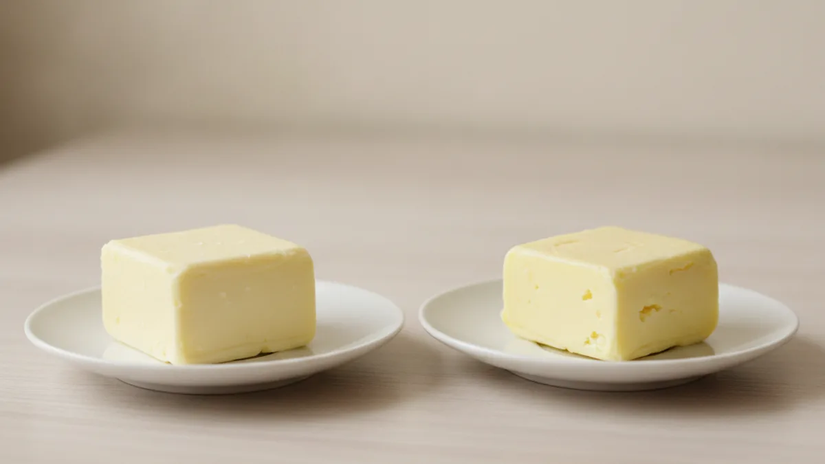 Два бруска жёлтого жирового продукта на блюдцах рядом на светлом столе