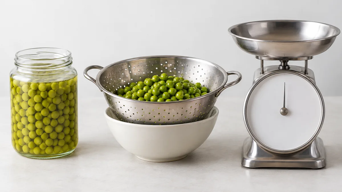 An open glass jar of green peas in brine next to a colander holding drained peas and a kitchen scale