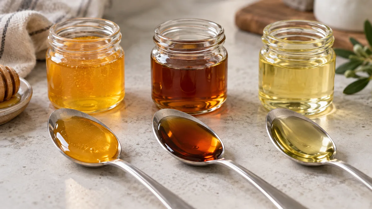 Three spoons of honey, amber syrup and vegetable oil beside unlabelled glass containers