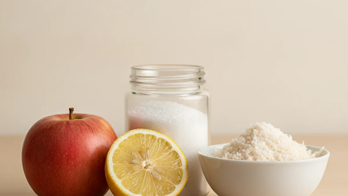 A red apple, a halved lemon cut-side forward, a glass jar of white crystals, and a white bowl with a mound of light-colored powder