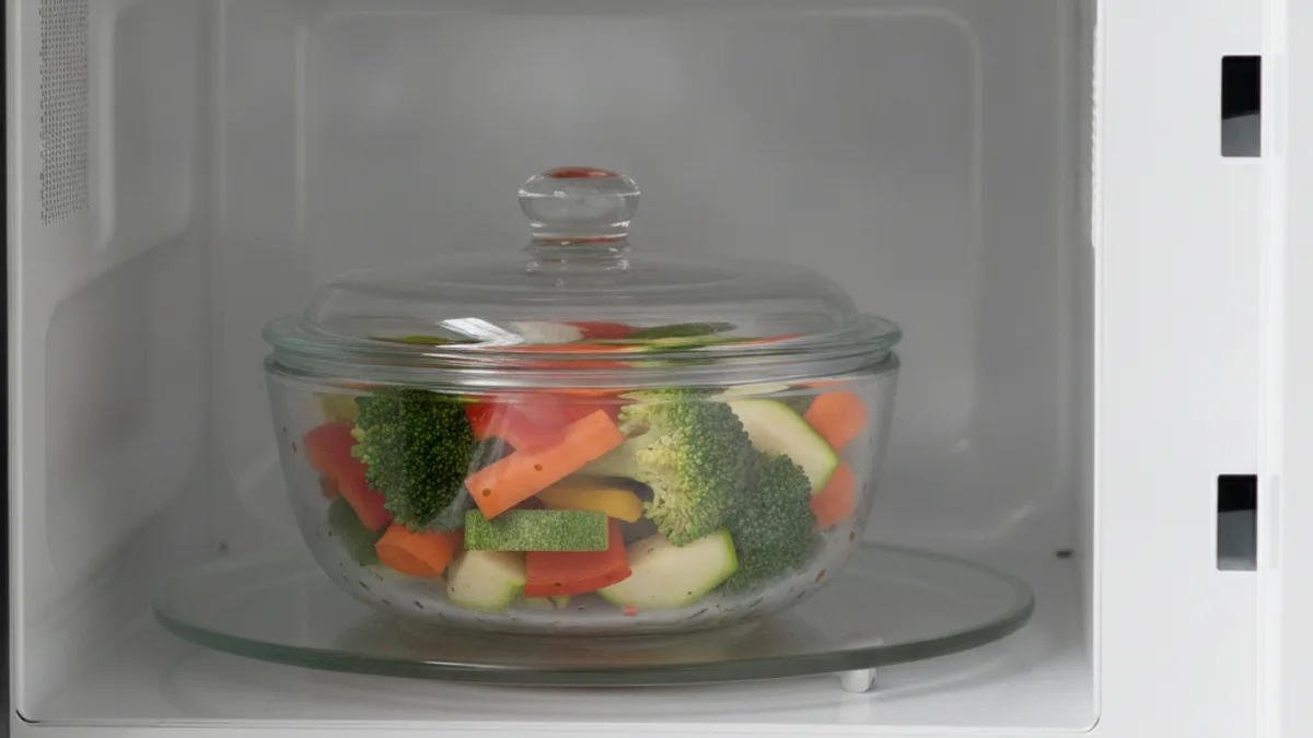 A glass bowl with vegetables under a lid on the microwave turntable