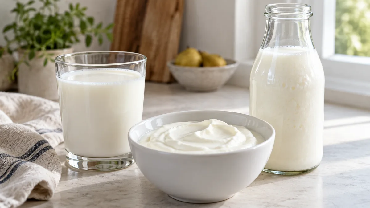 A glass of milk, a bowl of thick plain yogurt and an unlabelled kefir bottle on a kitchen table