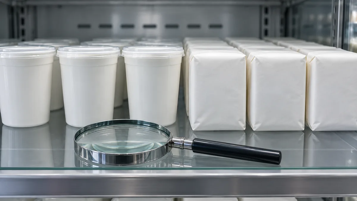 A row of identical white tubs and paper-wrapped blocks without labels on a refrigerated shelf, with a large magnifying glass in front