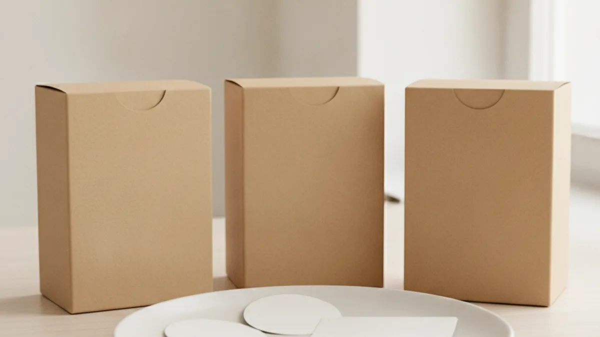 Three identical cardboard boxes without labels stand in a row on a light-colored table; clean paper stickers lie on a white plate in front of them