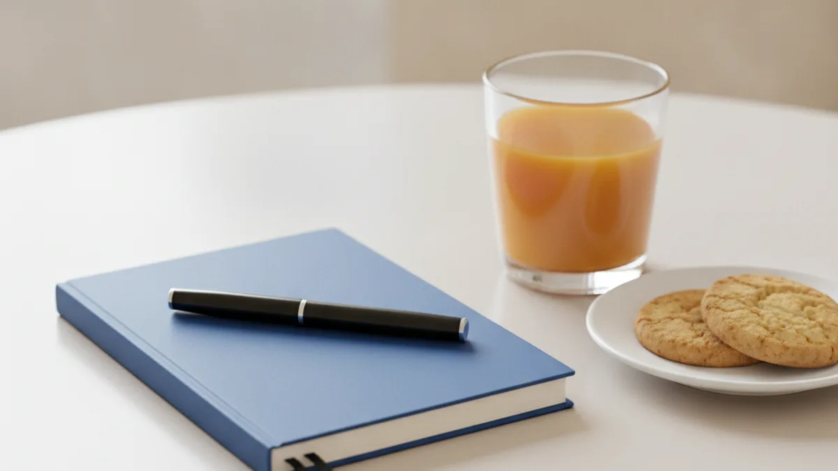 A closed notebook and a pen, a glass of juice and a plate of biscuits on a light table