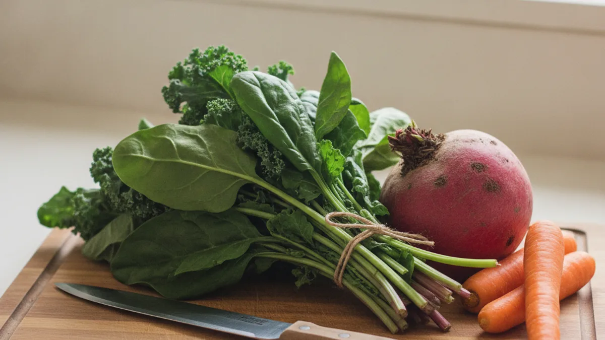 A bunch of greens, beets, and carrots on a wooden board next to a knife