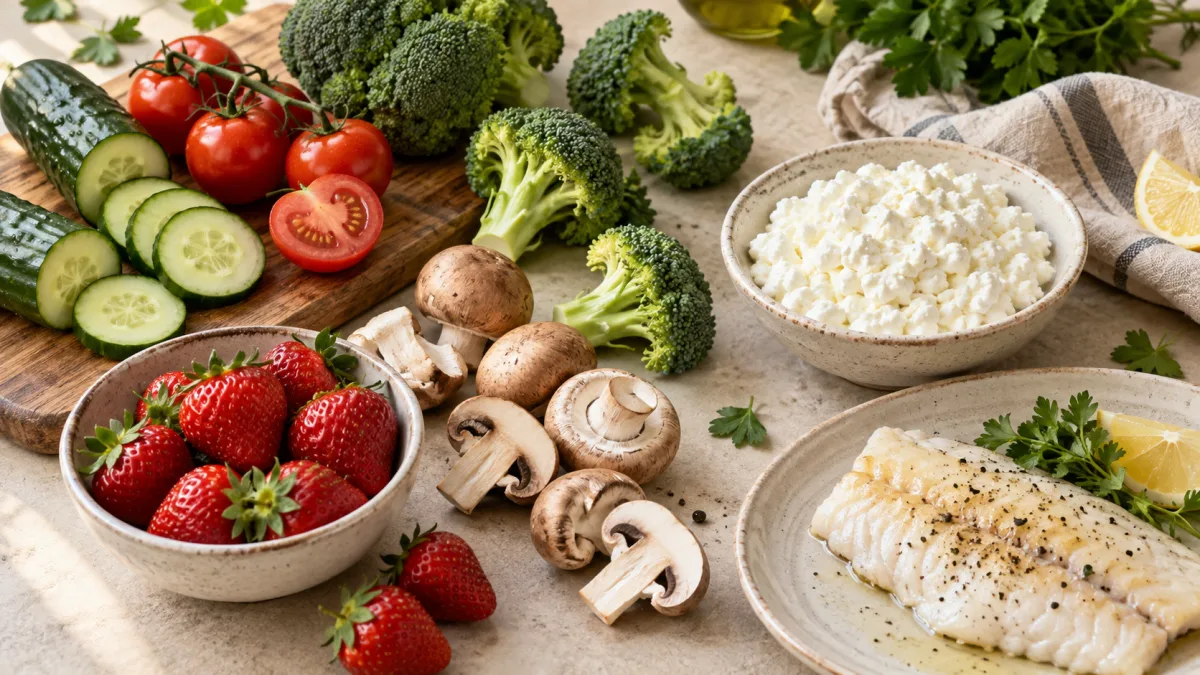 Cucumbers, tomatoes, broccoli, mushrooms, strawberries, cottage cheese and cooked white fish on a table