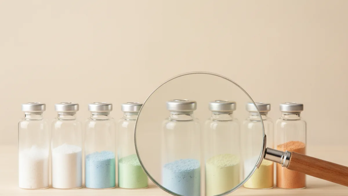 A row of glass vials with metal lids and colorful powders, in front of them a magnifying glass with a wooden handle enlarges the middle ones