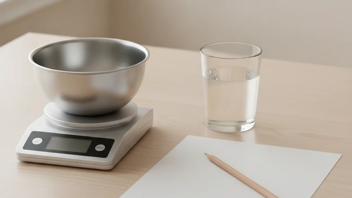Kitchen scales with an empty metal bowl, a glass of water, a blank sheet of paper, and a wooden pencil on a light-colored table