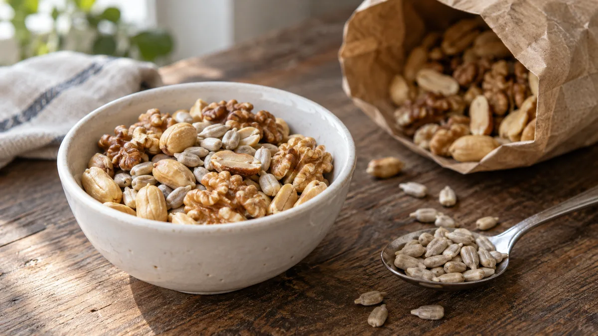 A bowl of shelled peanuts, walnuts and sunflower kernels beside a spoonful of kernels and a paper bag