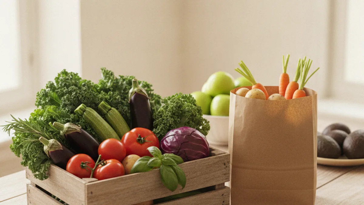 A wooden crate with vegetables and herbs on a table, next to a paper bag