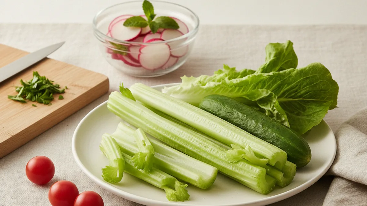 Celery stalks, cucumbers and half a head of cabbage on a wooden board beside a kitchen scale, on a light table