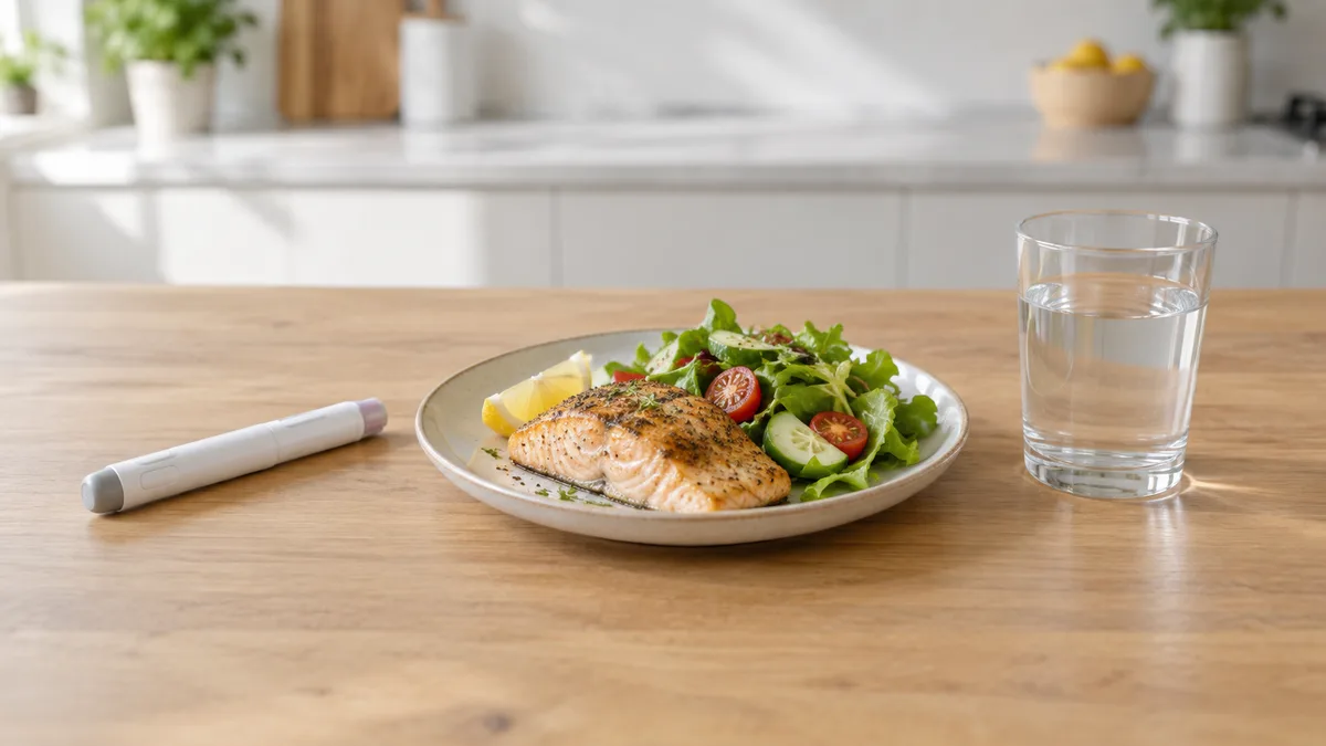A white injection pen on a wooden table next to a plate of baked fish with salad and a glass of water