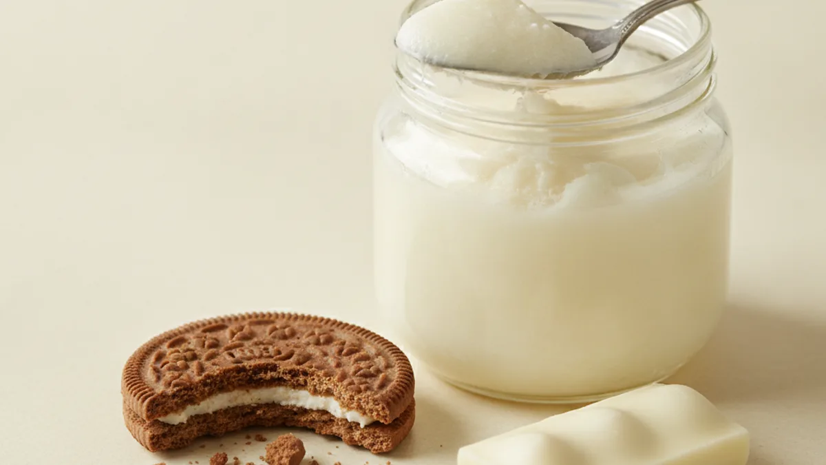 A glass jar with dense white fat, a spoon with a lump of it on top, a bitten chocolate cookie with cream, and a bar of white chocolate