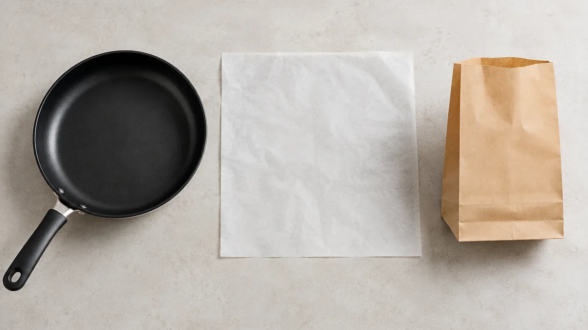A frying pan with a dark non-stick coating, an unfolded sheet of grease-resistant paper, and a paper popcorn bag stand in a row on a light-colored table