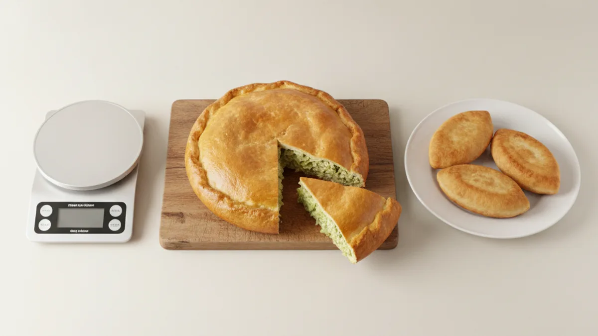 A homemade cabbage pie with a slice cut out, a plate of fried pirozhki and kitchen scales