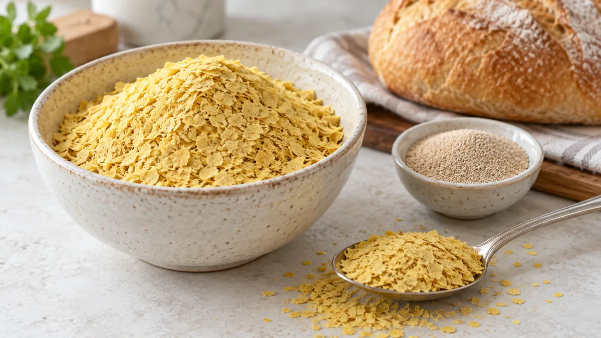 Golden nutritional yeast flakes in a ceramic bowl beside a spoon, dry baker’s yeast, and bread