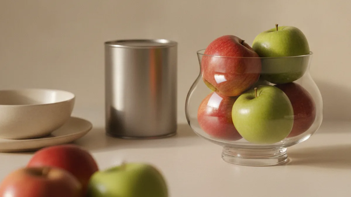 A glass bowl with red and green apples in the foreground of a light-colored countertop, a closed tin can and a stack of bowls behind it