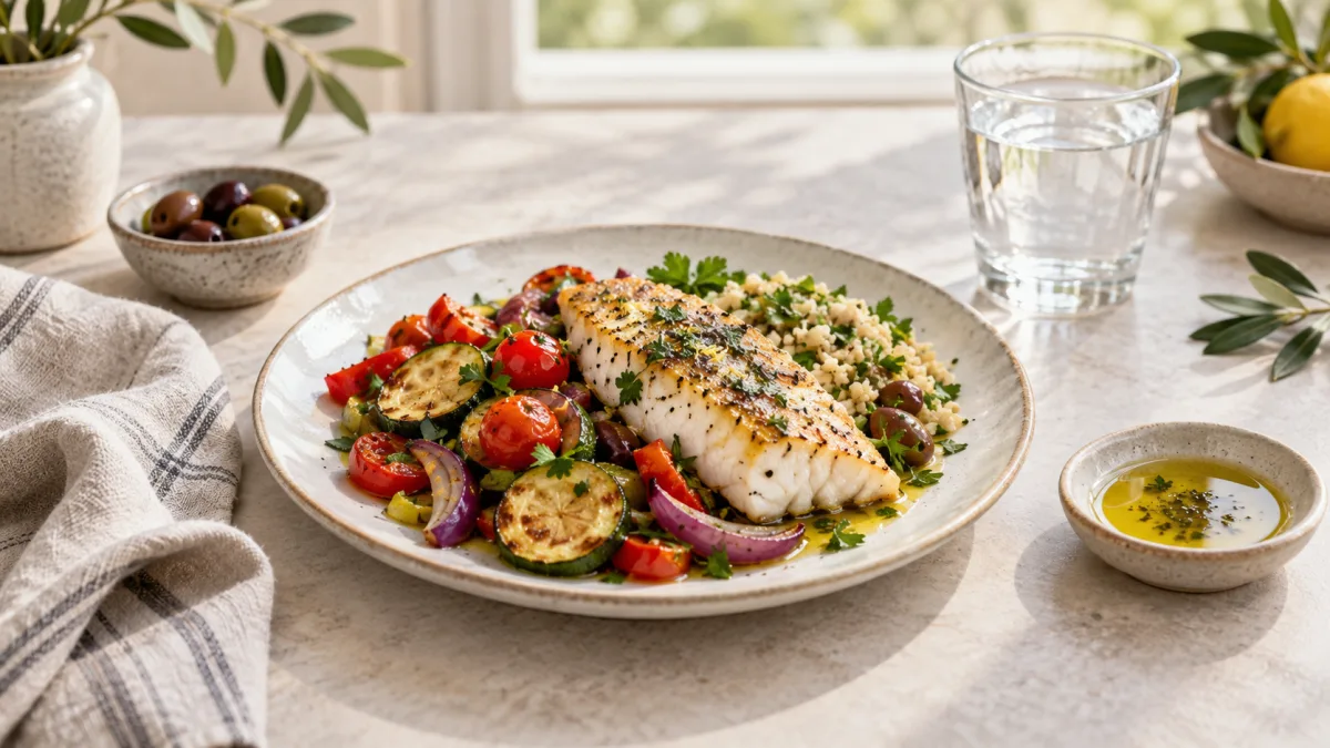 A plate with vegetables, fish, and olive oil on a table next to a glass of water