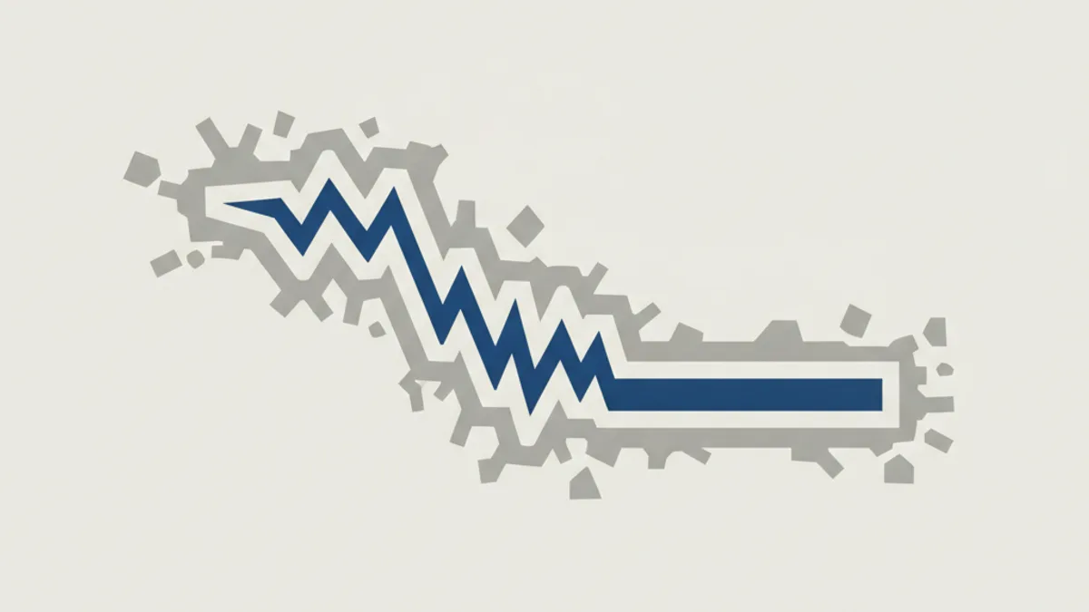 Diagram: a blue jagged line descends sharply in a zigzag and turns into a long, flat horizontal line, surrounded by gray square fragments