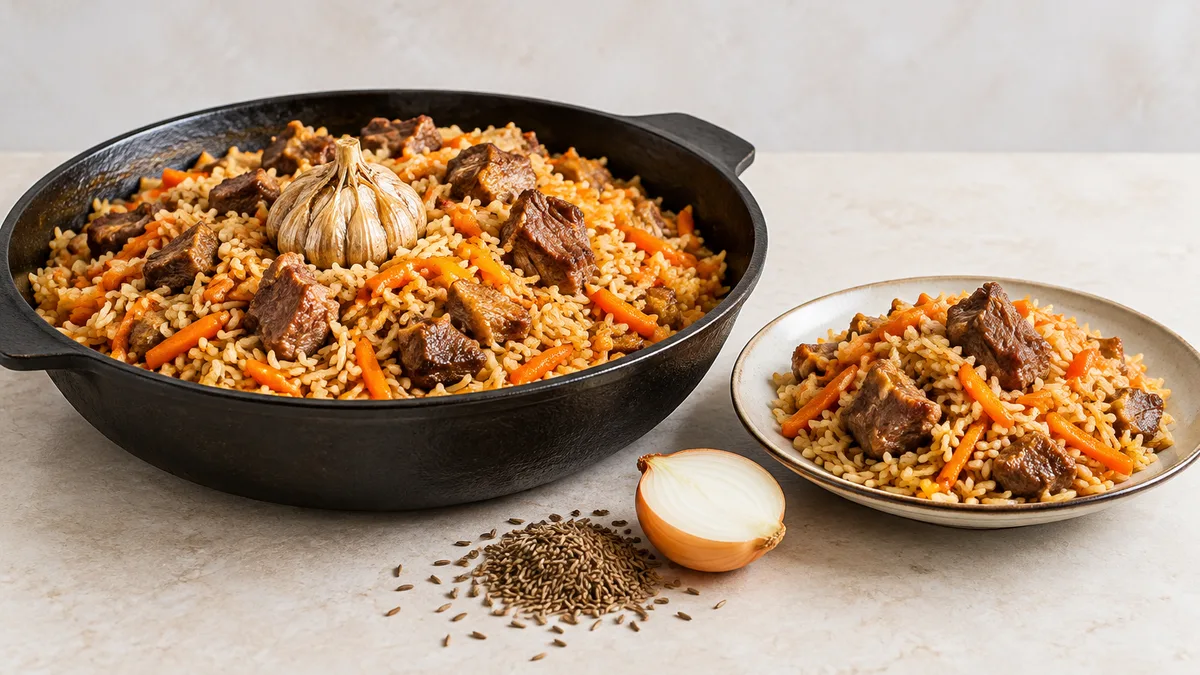 Плов с бараниной, морковью и головкой чеснока в чугунном казане и порция плова на тарелке