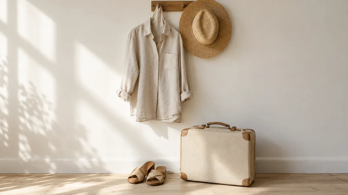 A linen shirt and straw hat on a wall hook beside a packed suitcase and sandals