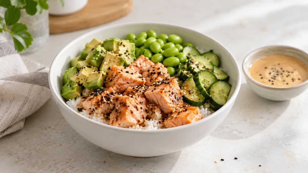 Poke with cooked salmon, rice, avocado and cucumber beside a small bowl of sauce